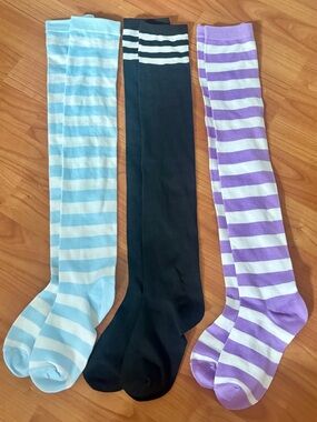 Striped Thigh High Stockings - Light Blue, Black & Purple